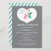 かわいいモダンラブバードハート婚約パーティ 招待状 (正面/裏面)