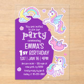 かわいいモダンレインボーユニコーン子どもの誕生日パーティー アクリル招待状 (正面)