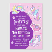 かわいいモダンレインボーユニコーン子どもの誕生日パーティー マグネット招待状 (正面)