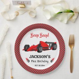 かわいいモダンレッドレーシングカー1st誕生日パーティー ペーパープレート