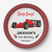 かわいいモダンレッドレーシングカー1st誕生日パーティー ペーパープレート (正面)
