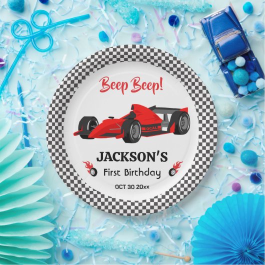 かわいいモダンレッドレーシングカー1st誕生日パーティー ペーパープレート (パーティー)