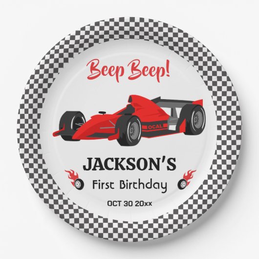 かわいいモダンレッドレーシングカー1st誕生日パーティー ペーパープレート (正面)