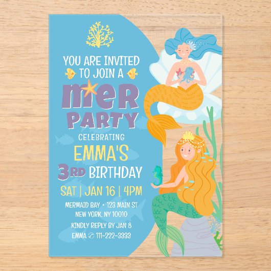 かわいいモダン人魚の誕生日パーティー アクリル招待状 (正面)