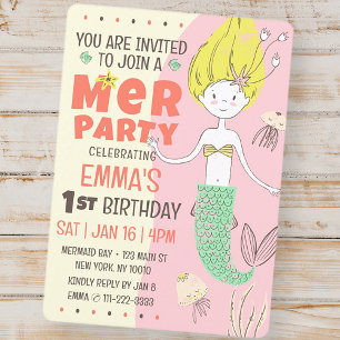 かわいいモダン人魚の誕生日パーティー 招待状