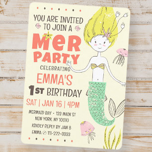 かわいいモダン人魚の誕生日パーティー 招待状