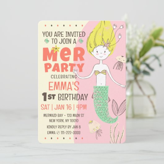 かわいいモダン人魚の誕生日パーティー 招待状 (スタンド正面)
