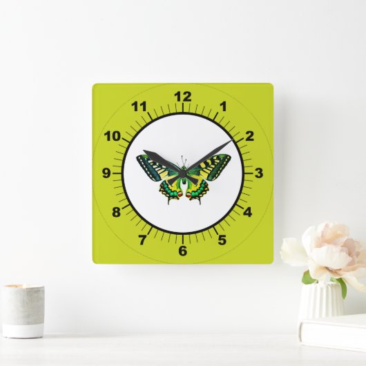 かわいいモダン写真バタフライグリーン スクエア壁時計 (ホーム)