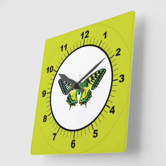 かわいいモダン写真バタフライグリーン スクエア壁時計 (傾斜)