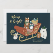 かわいいモダン動物の友達とそりのクリスマス シーズンカード (正面)