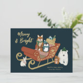 かわいいモダン動物の友達とそりのクリスマス シーズンカード (スタンド正面)