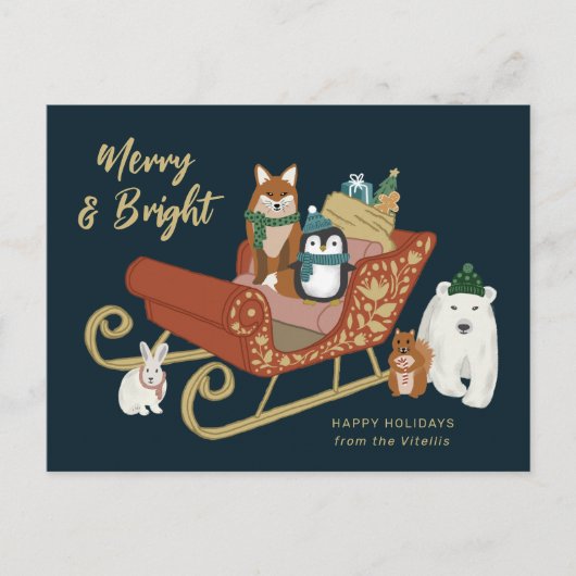 かわいいモダン動物の友達とそりのクリスマス シーズンポストカード (正面)