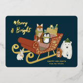 かわいいモダン動物の友達とそりのクリスマス 箔シーズンカード (正面)