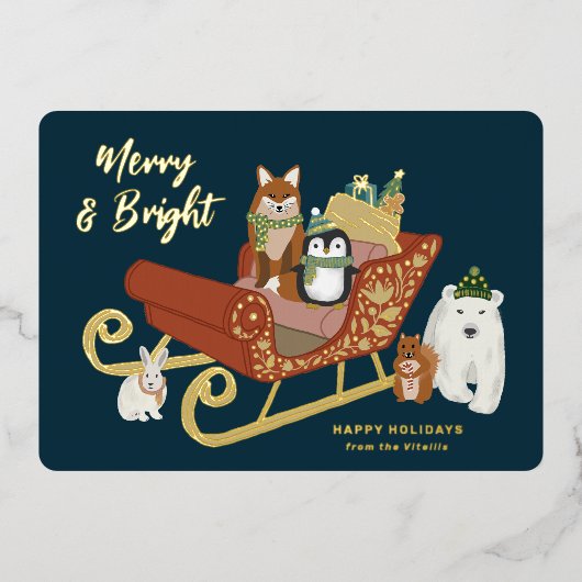 かわいいモダン動物の友達とそりのクリスマス 箔シーズンカード (正面)