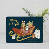 かわいいモダン動物の友達とそりのクリスマス 箔シーズンカード (立ち正面)