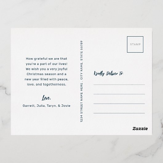 かわいいモダン動物の友達とそりのクリスマス 箔シーズンポストカード (裏面)