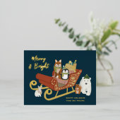 かわいいモダン動物の友達とそりのクリスマス 箔シーズンポストカード (立ち正面)