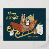かわいいモダン動物の友達とそりのクリスマス 箔シーズンポストカード (正面)