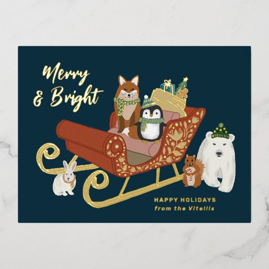 かわいいモダン動物の友達とそりのクリスマス 箔シーズンポストカード (正面)