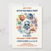かわいいモダン宇宙宇宙飛行士エイリアンベビーシャワー 招待状 (正面)