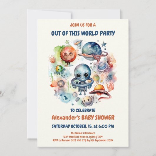 かわいいモダン宇宙宇宙飛行士エイリアンベビーシャワー 招待状 (正面)