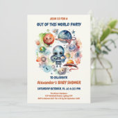 かわいいモダン宇宙宇宙飛行士エイリアンベビーシャワー 招待状 (スタンド正面)