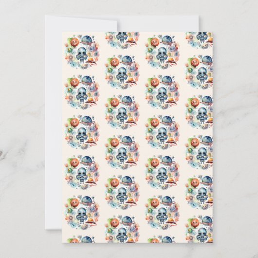 かわいいモダン宇宙宇宙飛行士エイリアンベビーシャワー 招待状 (裏面)