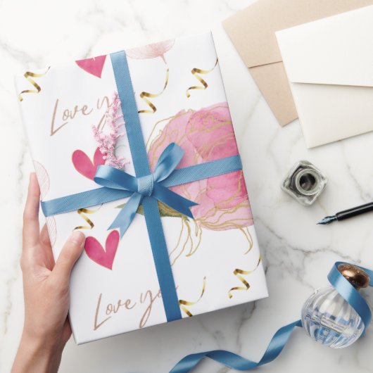 かわいいモダン愛あなたフローラハート白 ラッピングペーパー (ギフト)