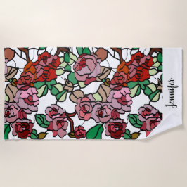 かわいいモダン明るい赤い花 ビーチタオル
