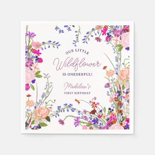 かわいいモダン春ボホワイルドフラワー1st誕生日 スタンダードカクテルナプキン (正面)