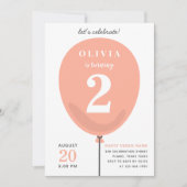 かわいいモダン桃のバルーン – 女の子2nd誕生日 招待状 (正面)