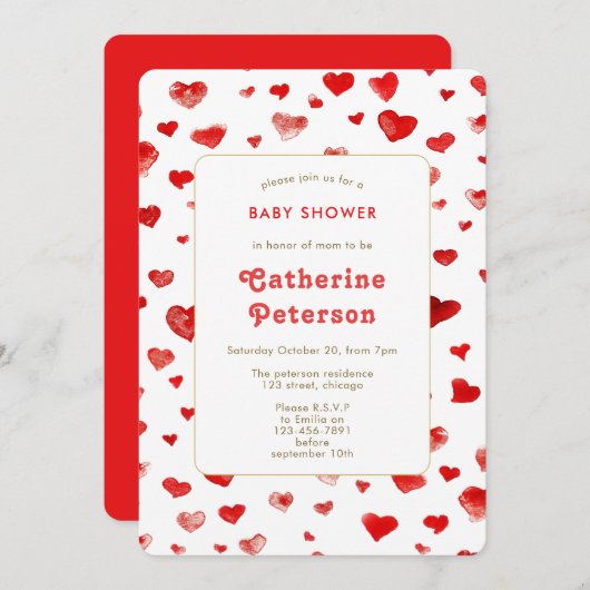 かわいいモダン水彩赤いハート 招待状 (正面/裏面)
