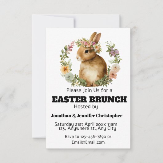 かわいいモダン水色イースターブランチのバニーの花 招待状 (正面)