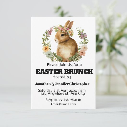 かわいいモダン水色イースターブランチのバニーの花 招待状 (スタンド正面)