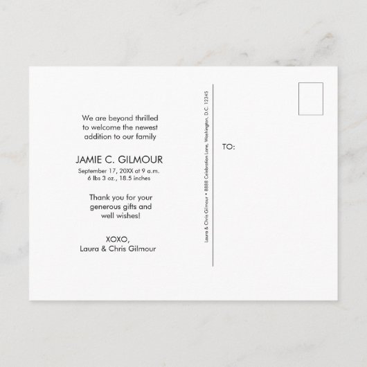 かわいいモダン男の赤ちゃんありがとう 案内ポストカード (裏面)