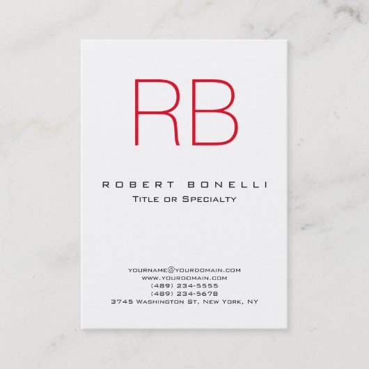 かわいいモダン赤モノグラムホワイトビジネスカード 名刺 (正面)