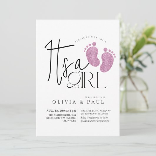 かわいいモダン足グリッターベビーガールシャワー 招待状 (スタンド正面)