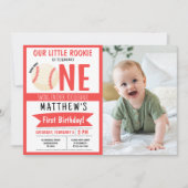 かわいいモダン野球リボン写真第1誕生日 招待状 (正面)