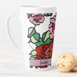 かわいいモダン鮮やかな赤いピンクの花 カフェラテマグ