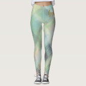 かわいいモノグラムのスクリプトプレイドティール（緑がかった色）イエローグレーグリーン レギンス (正面)