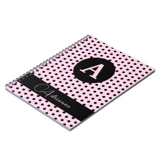 かわいいモノグラムのピンクとブラック水玉模様 ノートブック (左側)