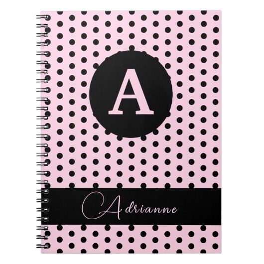 かわいいモノグラムのピンクとブラック水玉模様 ノートブック (正面)