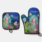 かわいいモノグラムの水彩人魚ティール(緑がかった色)紫 鍋つかみ&鍋敷きセット (正面)