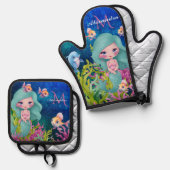 かわいいモノグラムの水彩人魚ティール(緑がかった色)紫 鍋つかみ&鍋敷きセット (正面/裏面)