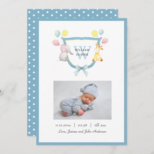 かわいいモノグラムクレストと動物の男の子誕生 案内状 (正面/裏面)