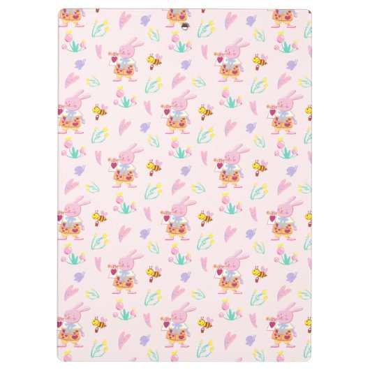 かわいいモノグラムピンクウサギ&ビーガーデンパターン クリップボード (裏面)