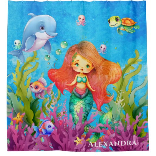 かわいいモノグラムマーメイドウミガメ シャワーカーテン (正面)