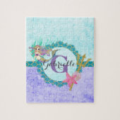 かわいいモノグラムマーメイドティール（緑がかった色）&パープルウォーター色 ジグソーパズル (縦)