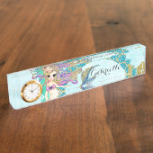 かわいいモノグラムマーメイドティール（緑がかった色）&パープルウォーター色 デスクネームプレート (側面)