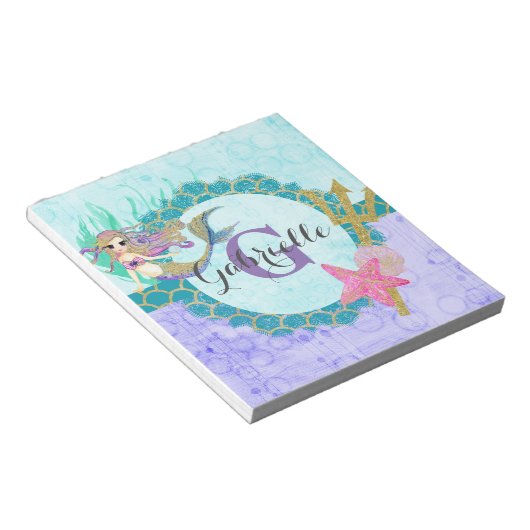 かわいいモノグラムマーメイドティール（緑がかった色）&パープルウォーター色 ノートパッド (アングル)